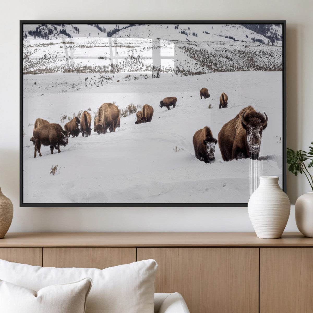 Bison Herd Wall Art Canvas Print, Framed Western Wildlife Decor, Snowy Mountain Valley