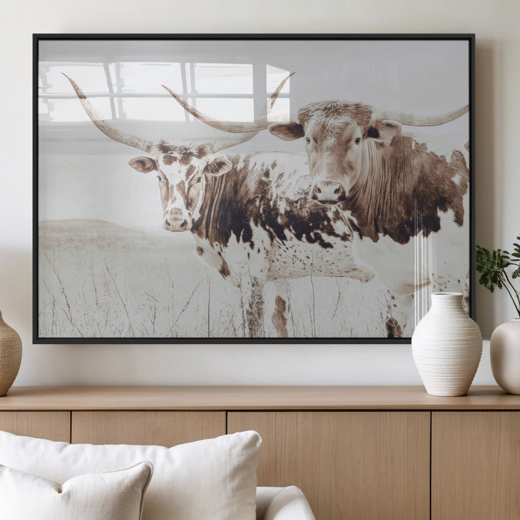 Longhorn Cow Wall Art Canvas Print, Framed Rustic Cattle Art, Sepia Western Decor