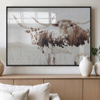 Longhorn Cow Wall Art Canvas Print, Framed Rustic Cattle Art, Sepia Western Decor