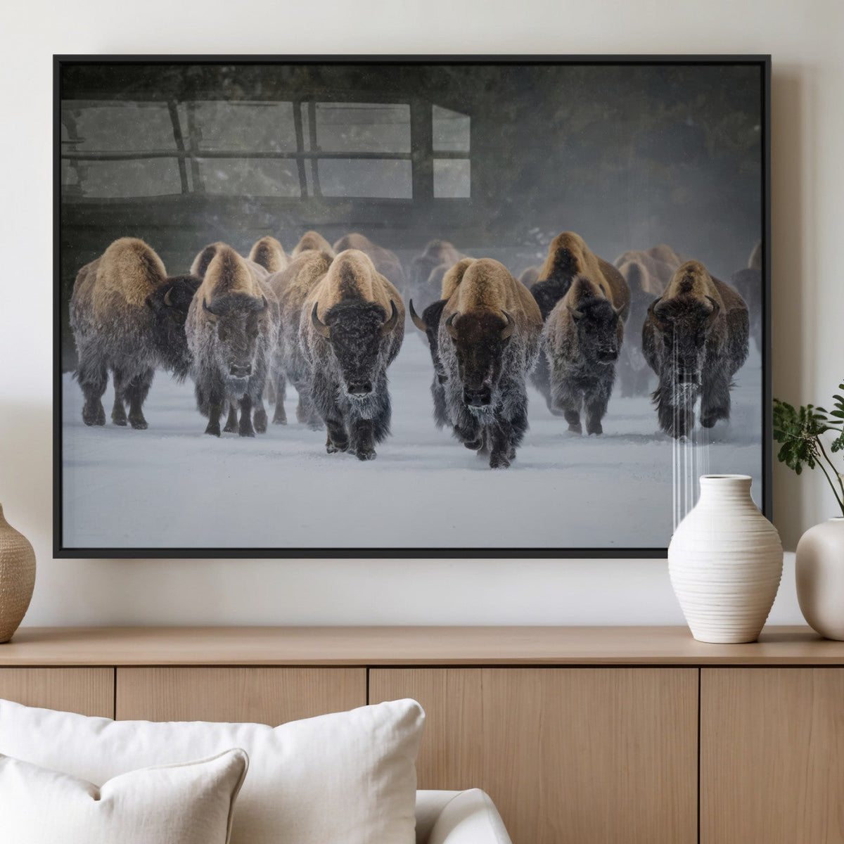 Bison Herd Wall Art Canvas Print, Framed Rustic Wildlife Decor, Snowy Bison Landscape