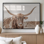 Longhorn Bull Wall Art Canvas Print, Framed Rustic Cow Decor, Neutral Farmhouse Style