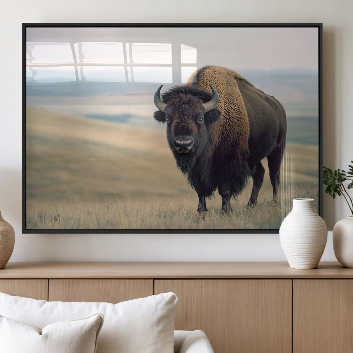 Bison Wall Art Canvas Print, Framed American Buffalo Rustic Western Artwork