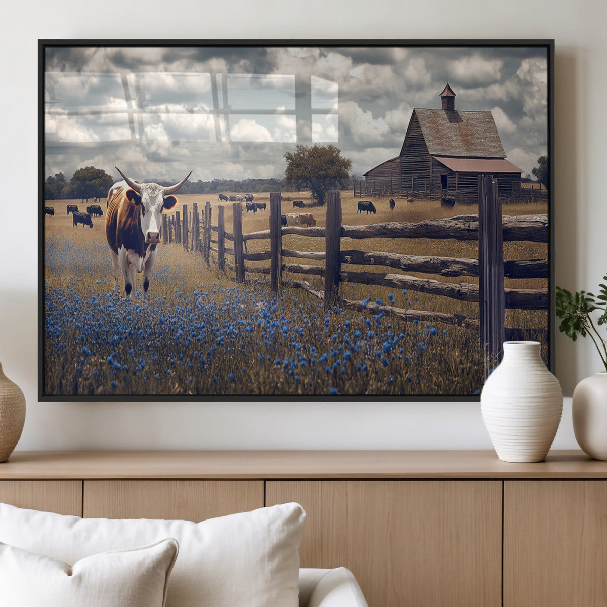 Texas Longhorn Canvas Wall Art Print, Framed Rustic Barn Farmhouse Decor