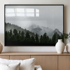 Misty Mountains Wall Art Canvas Print, Framed Foggy Forest Art, Snowy Peaks Landscape
