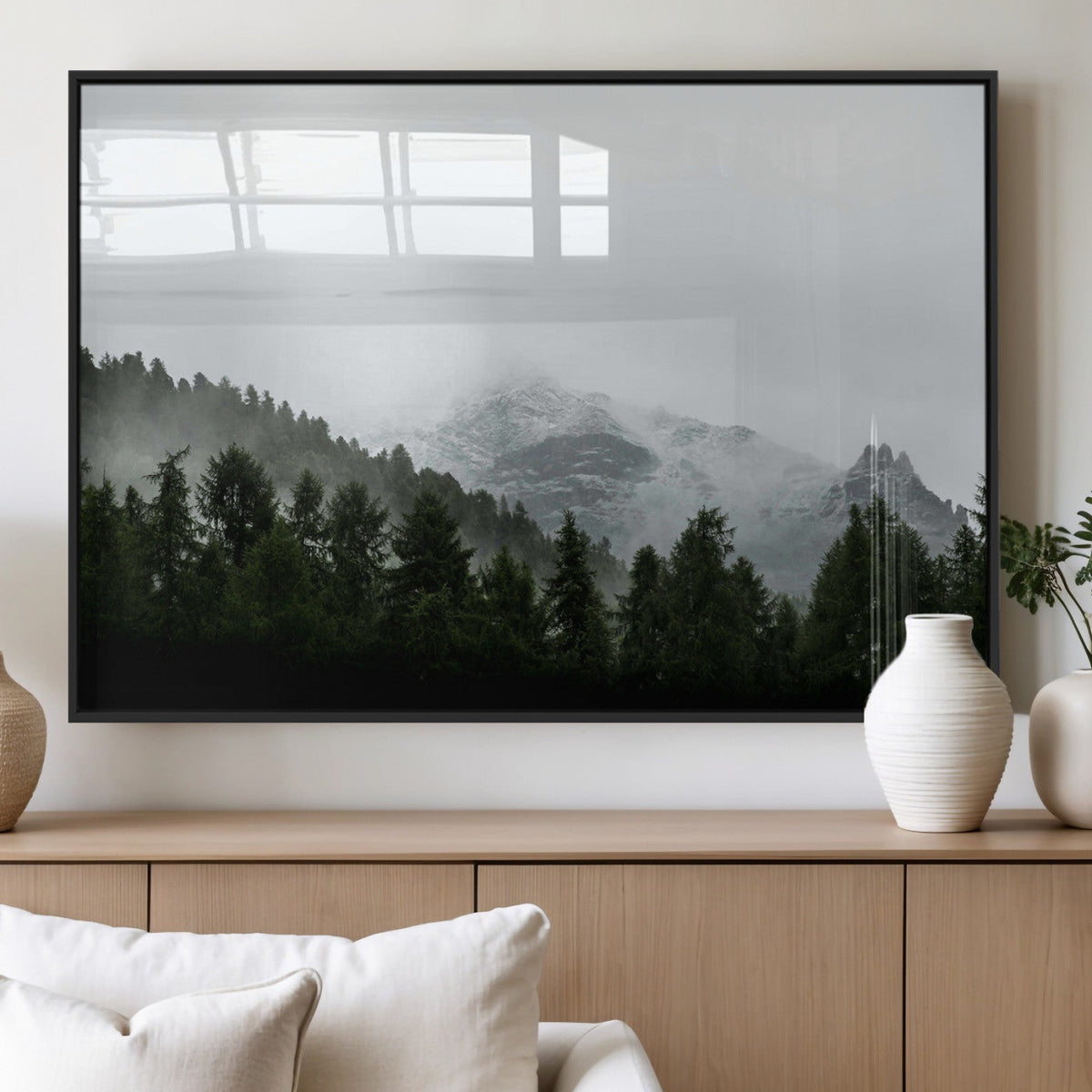 Misty Mountains Wall Art Canvas Print, Framed Foggy Forest Art, Snowy Peaks Landscape