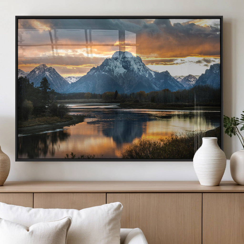 Mountain Sunset Wall Art Canvas Print, Framed Alpine Wilderness Art, Golden Hour Lake