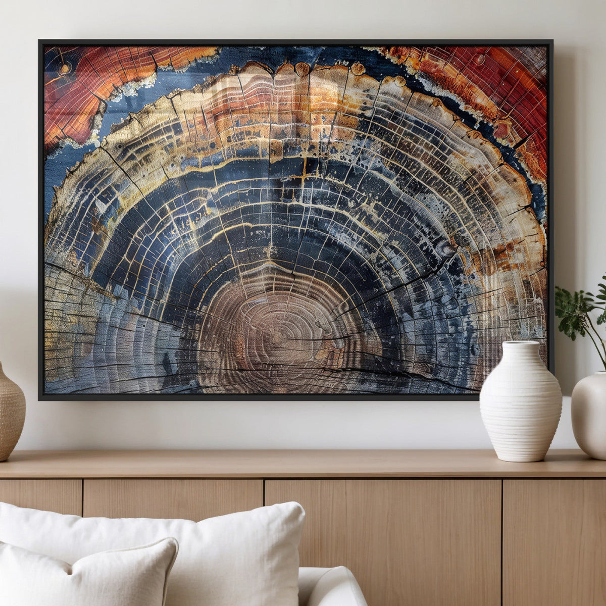 Tree Rings Wall Art Canvas Print, Framed Petrified Wood Art, Modern Rustic Decor