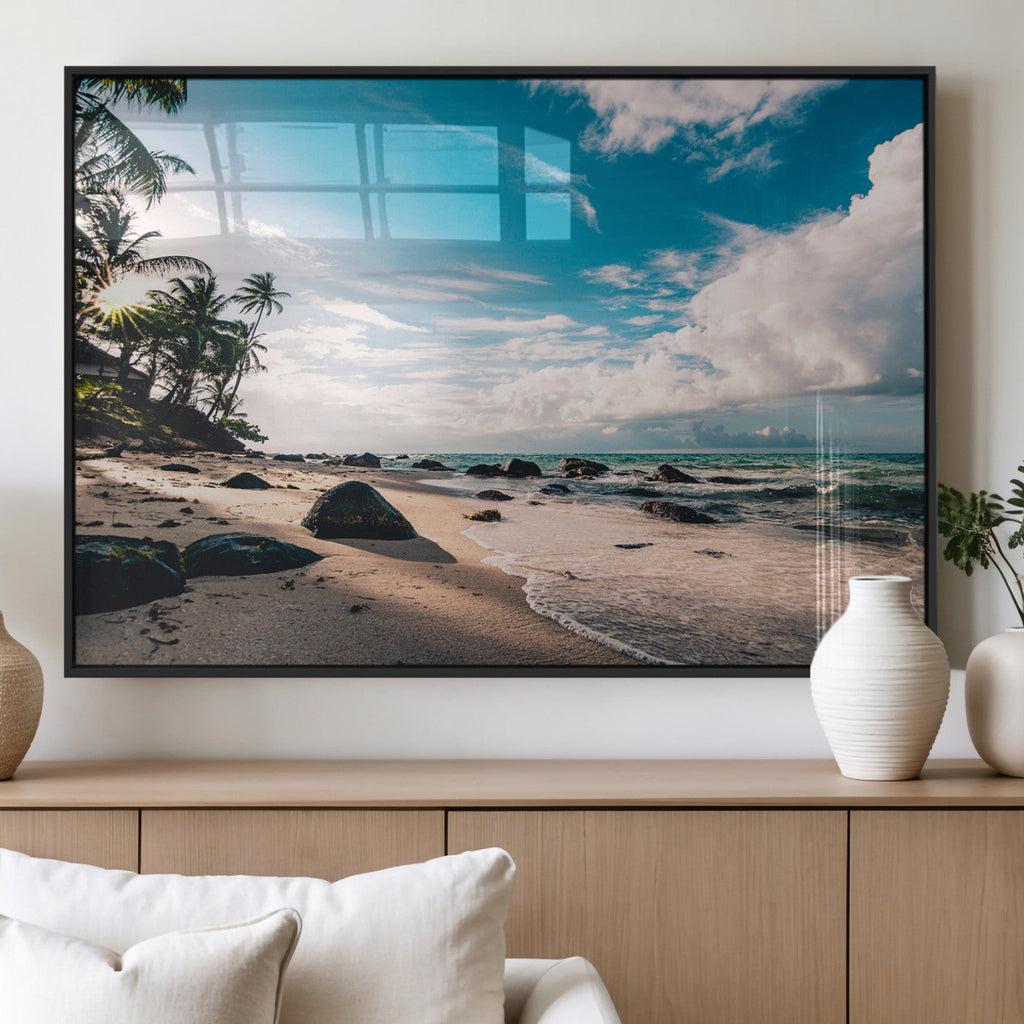 Tropical Beach Wall Art Canvas Print, Framed Ocean Waves Relaxing Seascape