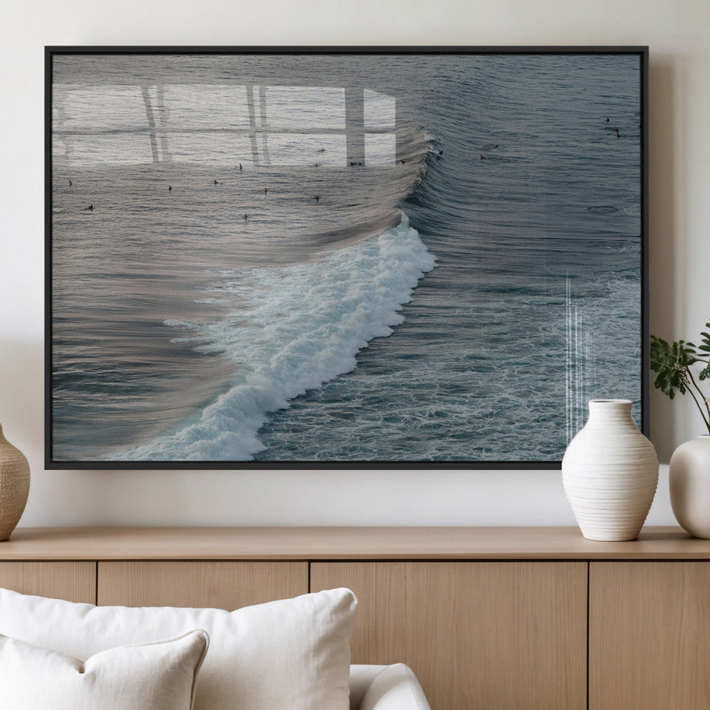 Ocean Waves Wall Art Canvas Print, Framed Coastal Serenity Surf Scene