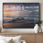 Golden Hour Wall Art Canvas Print, Framed Tranquil Waves Beach Sunset
