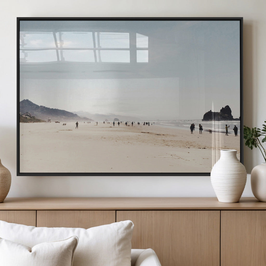 Minimalist Beach Wall Art Canvas Print, Framed Coastal Serenity Soft Sand