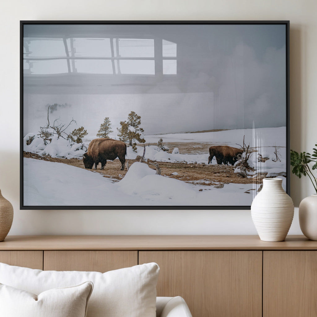 Bison Wildlife Wall Art Canvas Print, Framed Snowy Prairie Art, Western Landscape Decor