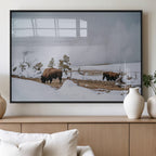 Bison Wildlife Wall Art Canvas Print, Framed Snowy Prairie Art, Western Landscape Decor