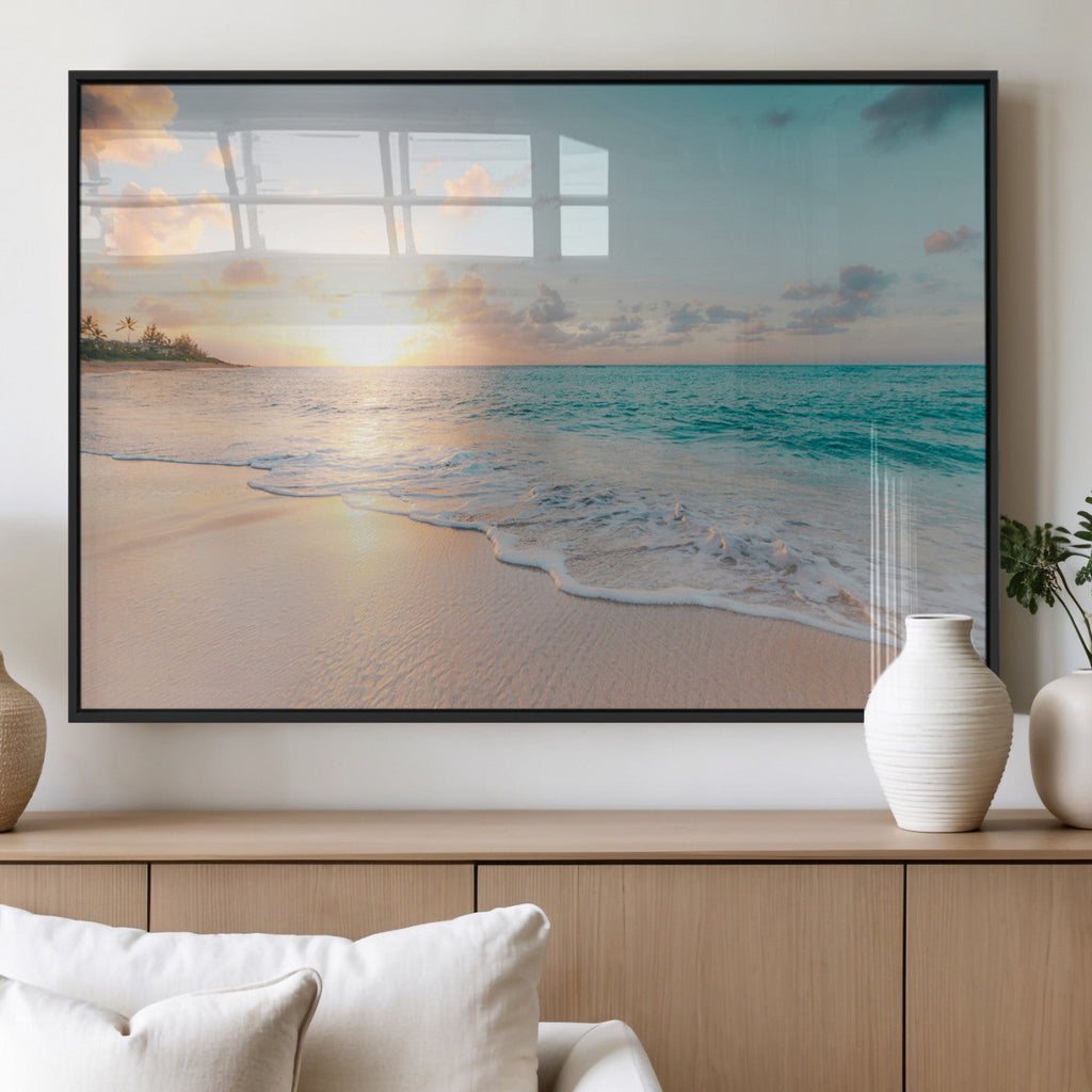 Beach Sunset Wall Art Canvas Print, Framed Ocean Waves Summer Escape