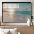 Beach Sunset Wall Art Canvas Print, Framed Ocean Waves Summer Escape