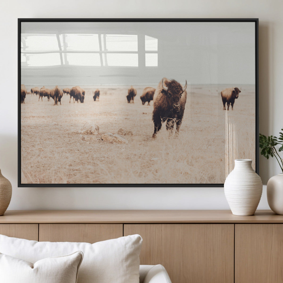 Bison Herd Wall Art Canvas Print, Framed Western Prairie Serenity