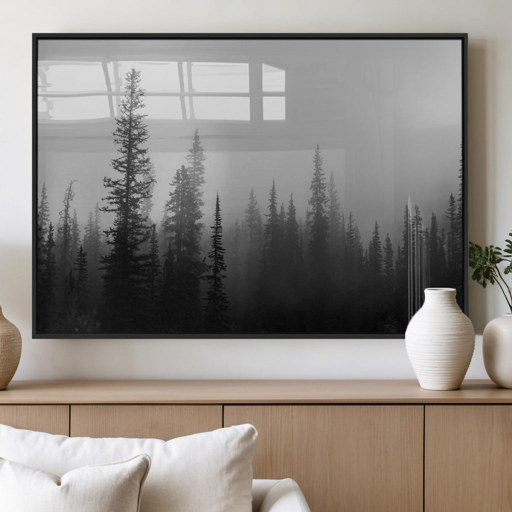 Misty Pines Wall Art Canvas Print, Framed Woodland Minimalist Black and White