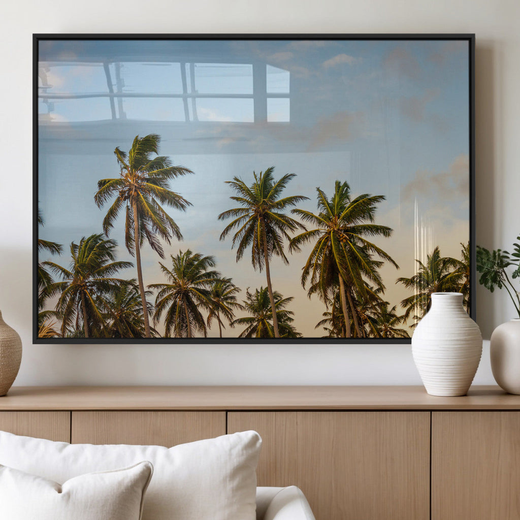 Palm Trees Wall Art Canvas Print, Framed Tropical Vibes Coastal Sunset