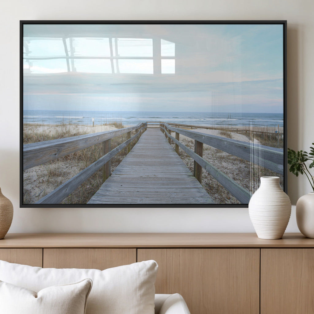 Beach Boardwalk Wall Art Canvas Print, Framed Coastal Serenity Ocean View