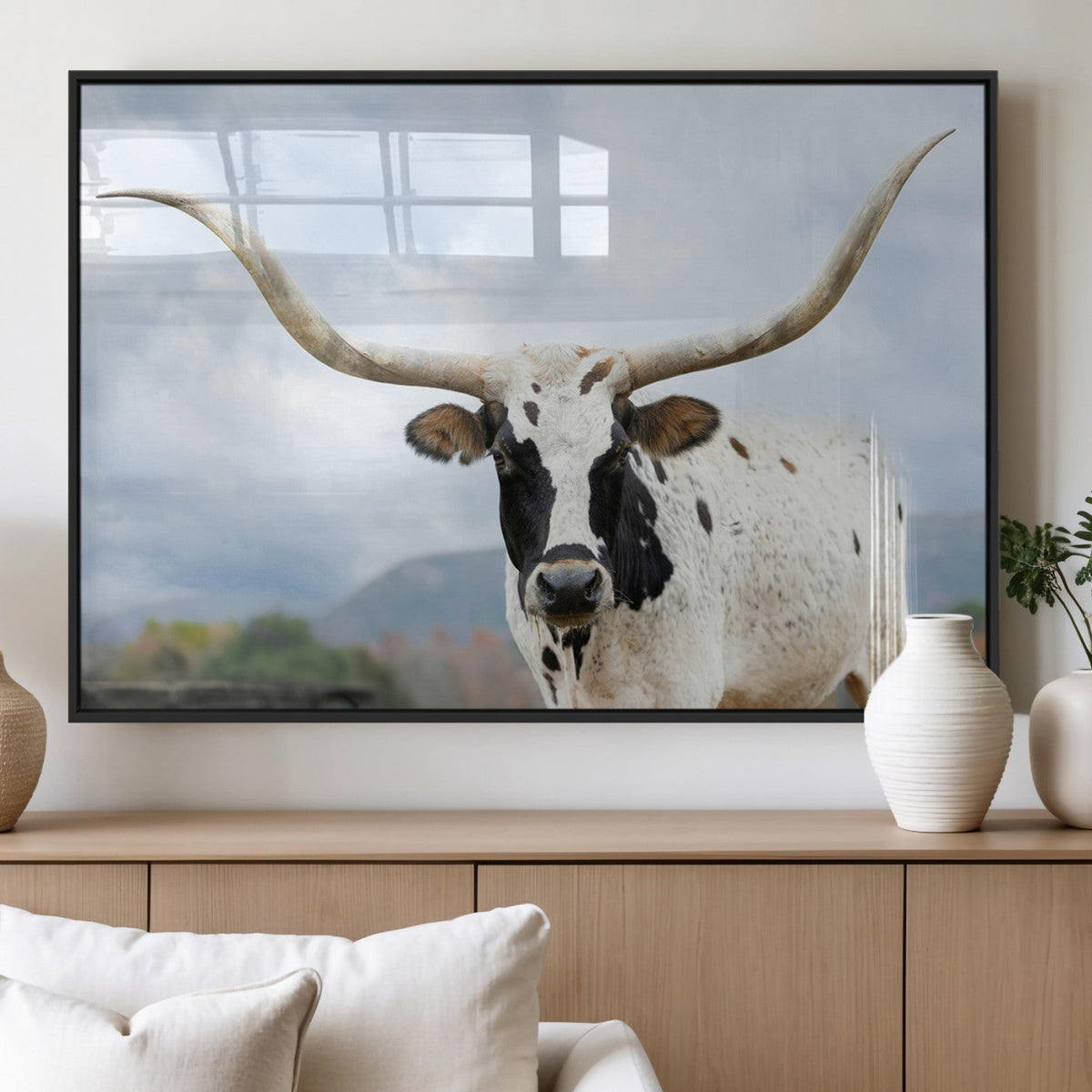 Texas Longhorn Wall Art Canvas Print, Framed Western Rustic Farmhouse
