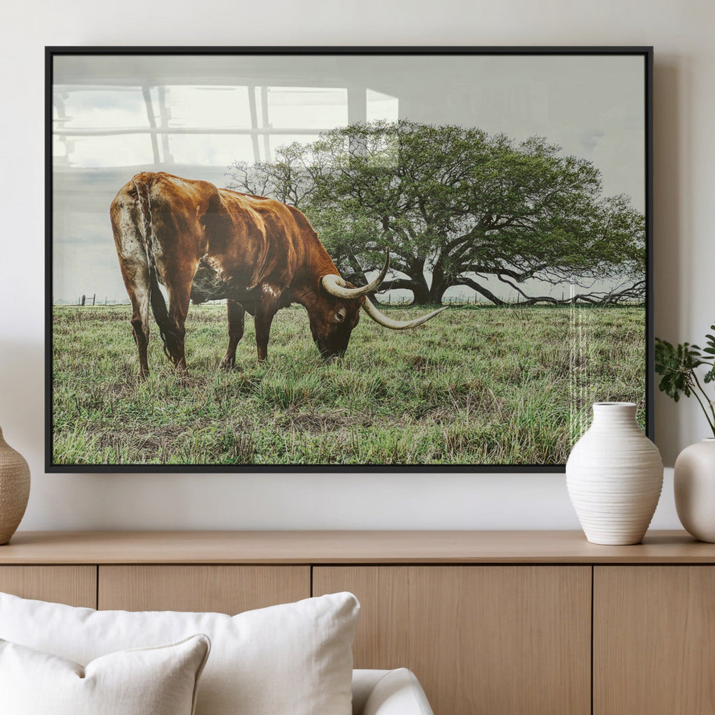 Texas Longhorn Wall Art Canvas Print, Framed Rustic Ranch Western Cattle