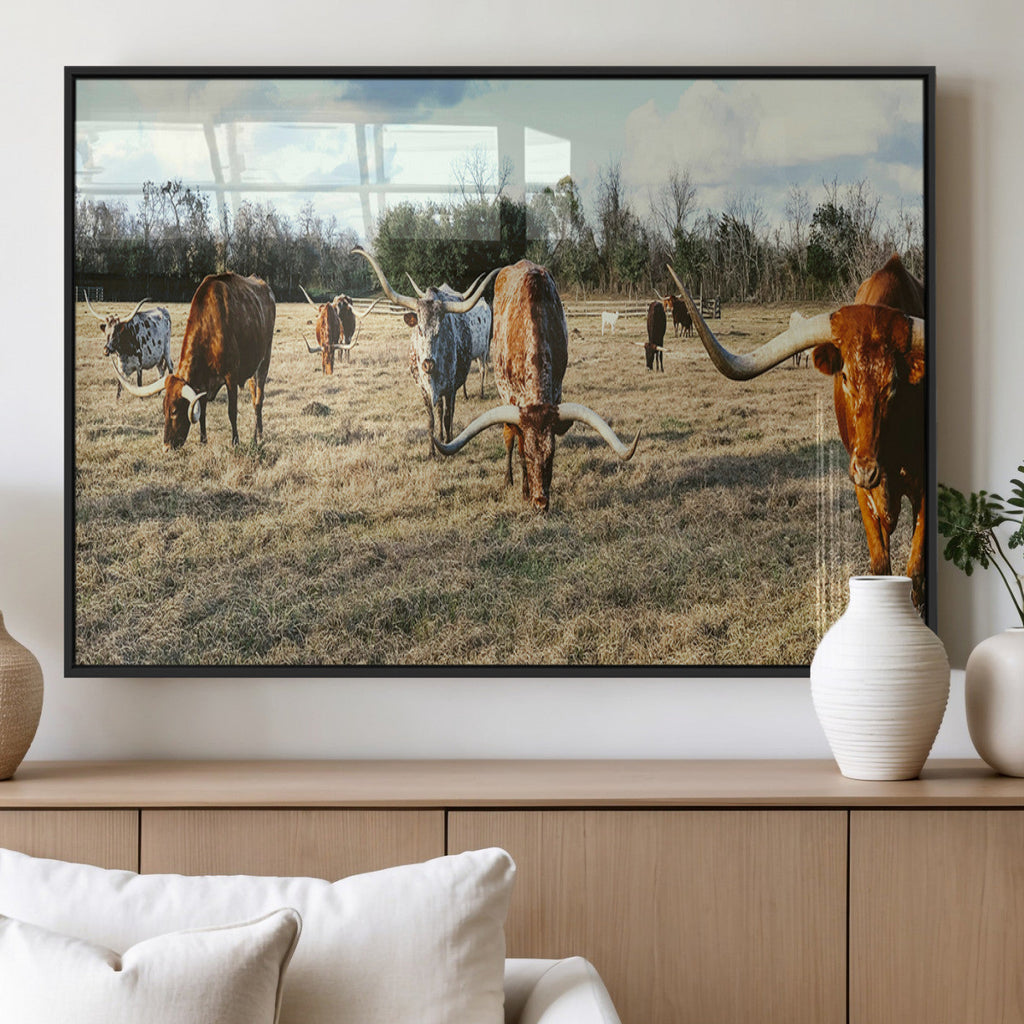Texas Longhorns Wall Art Canvas Print, Framed Rustic Farm Scene Western Cattle