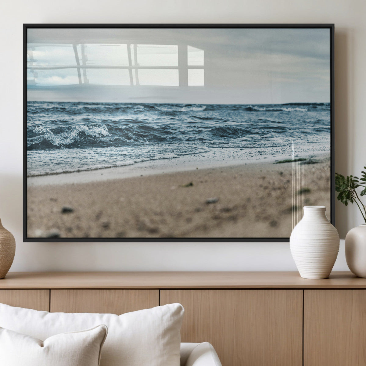 Ocean Wall Art Canvas Print, Framed Moody Seascape with Waves and Horizon