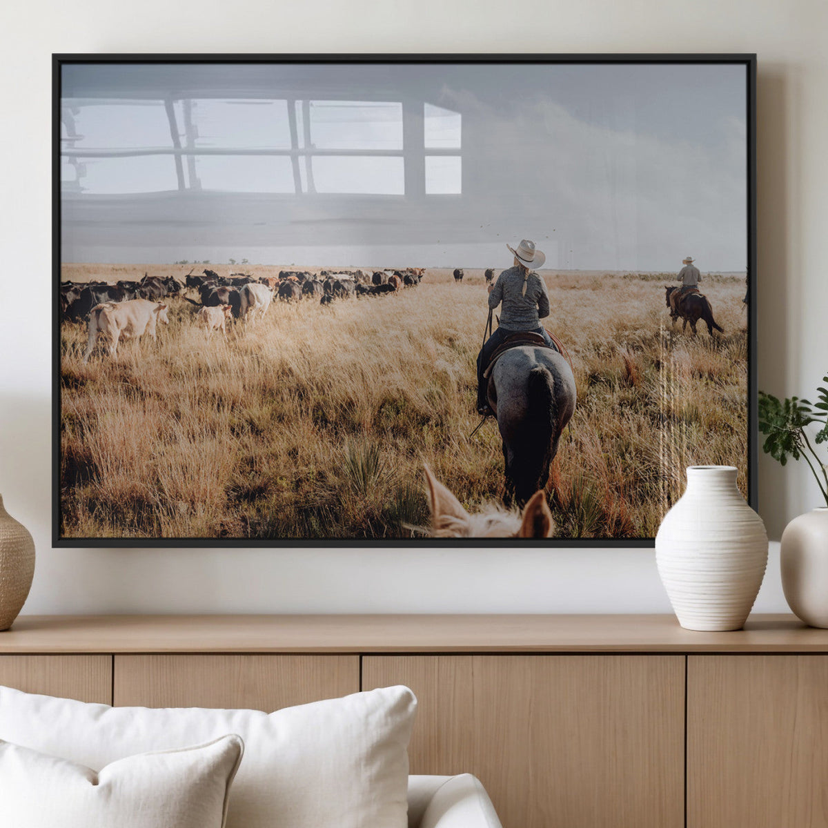Western Wall Art Canvas Print, Framed Cowboy Cattle Drive Scene
