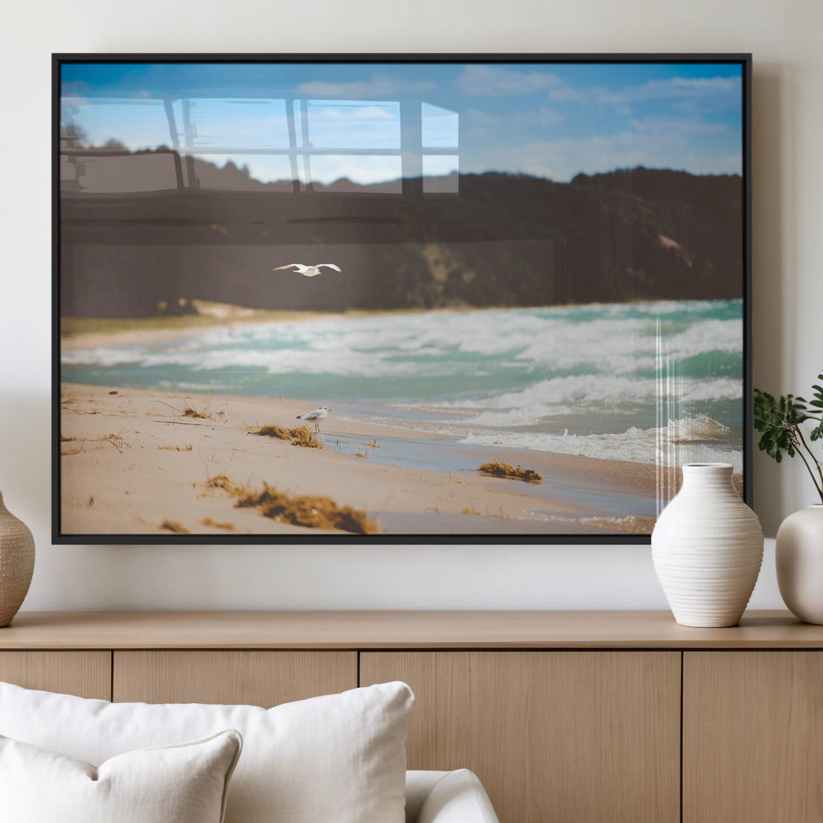 Tranquil Beach Wall Art Canvas Print, Framed Blue Ocean Waves on a Sandy Shore