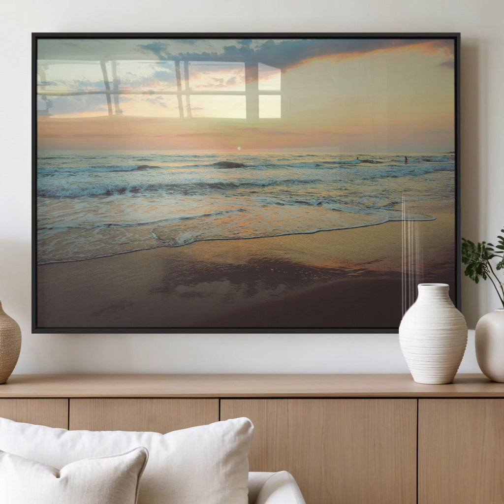 Sunset Seascape Wall Art Canvas Print, Framed Pastel Ocean View with Tranquil Shoreline