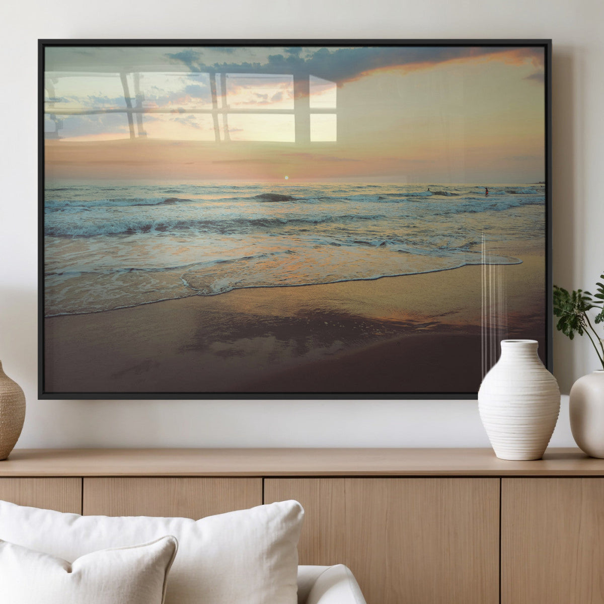 Sunset Seascape Wall Art Canvas Print, Framed Pastel Ocean View with Tranquil Shoreline