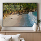 Tropical Beach Wall Art Canvas Print, Framed Ocean Waves and Palm Trees at Golden Sunset