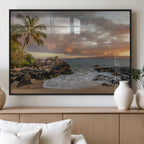 Tropical Beach Wall Art Canvas Print, Vibrant Hawaiian Sunset with Ocean Waves