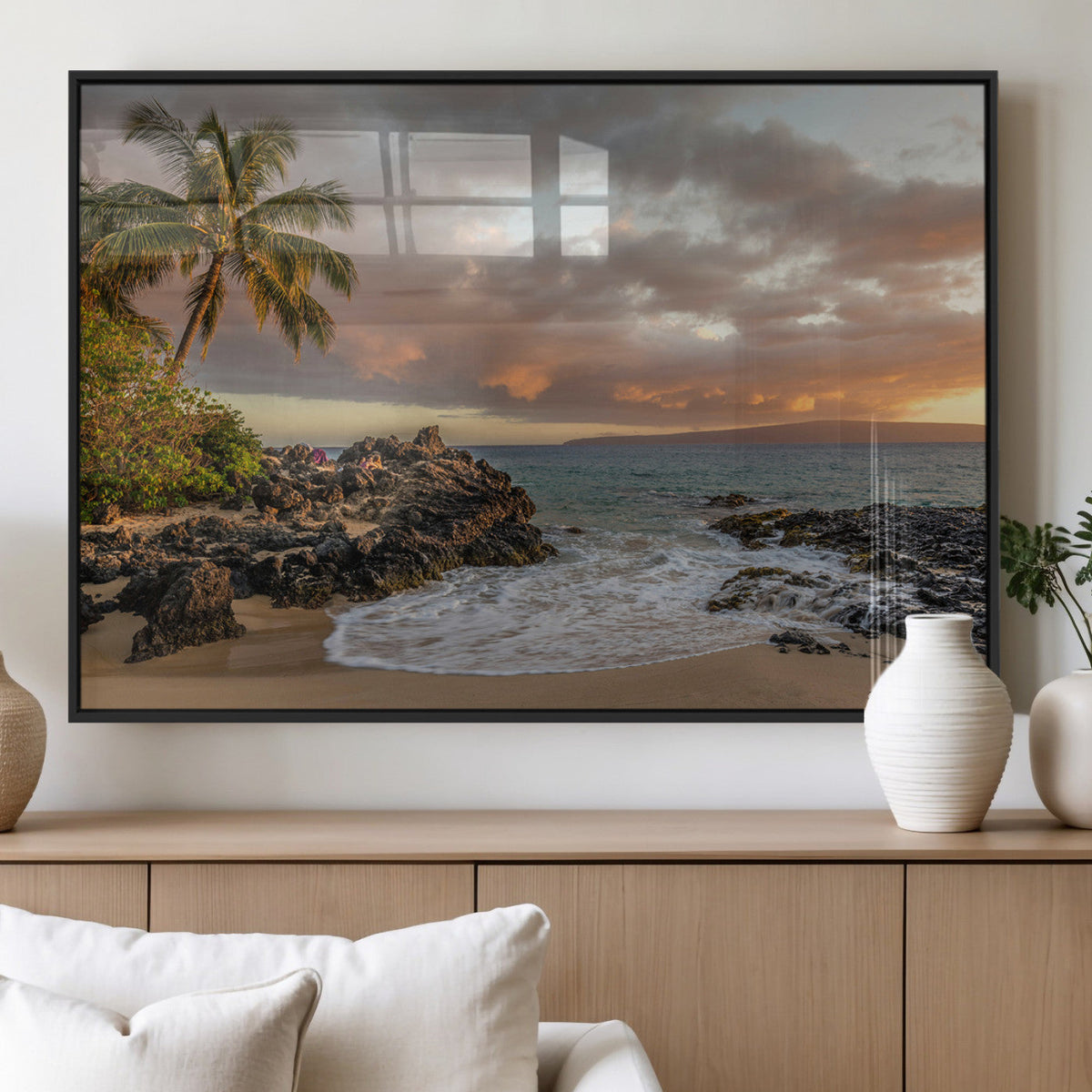Tropical Beach Wall Art Canvas Print, Vibrant Hawaiian Sunset with Ocean Waves