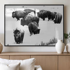 Buffalo Herd Wall Art Canvas Print, Framed Black and White Snowy Landscape