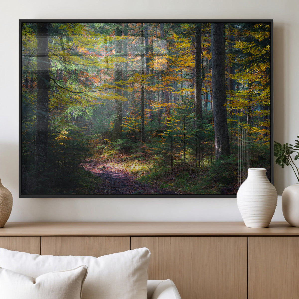 Autumn Forest Wall Art Canvas Print, Framed Fall Woodland with Golden Leaves