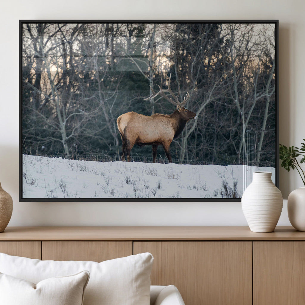 Wild Elk Wall Art Canvas Print, Framed Winter Wildlife in a Snowy Forest