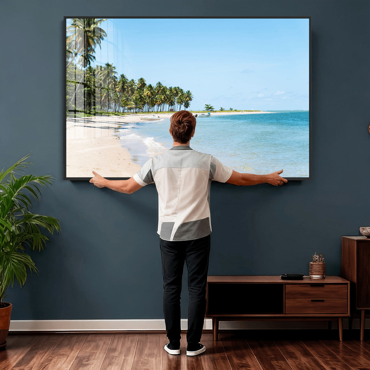 Palm Tree Coast Wall Art Canvas Print, Framed Island Getaway with Crystal Blue Water