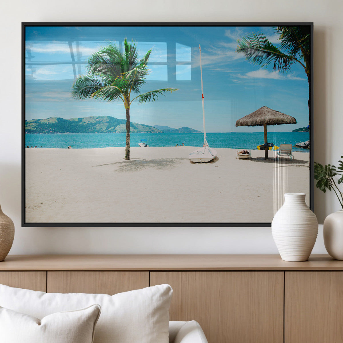 Tropical Beach Wall Art Canvas Print, Framed Palm Tree Ocean View with Calm Waves