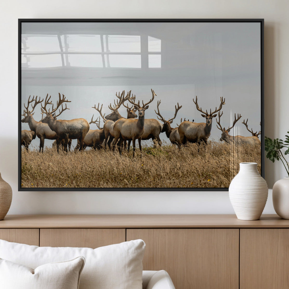 Elk Herd Wall Art Canvas Print, Framed Wildlife Photography Art, Majestic Antlers Rustic Wildlife Decor