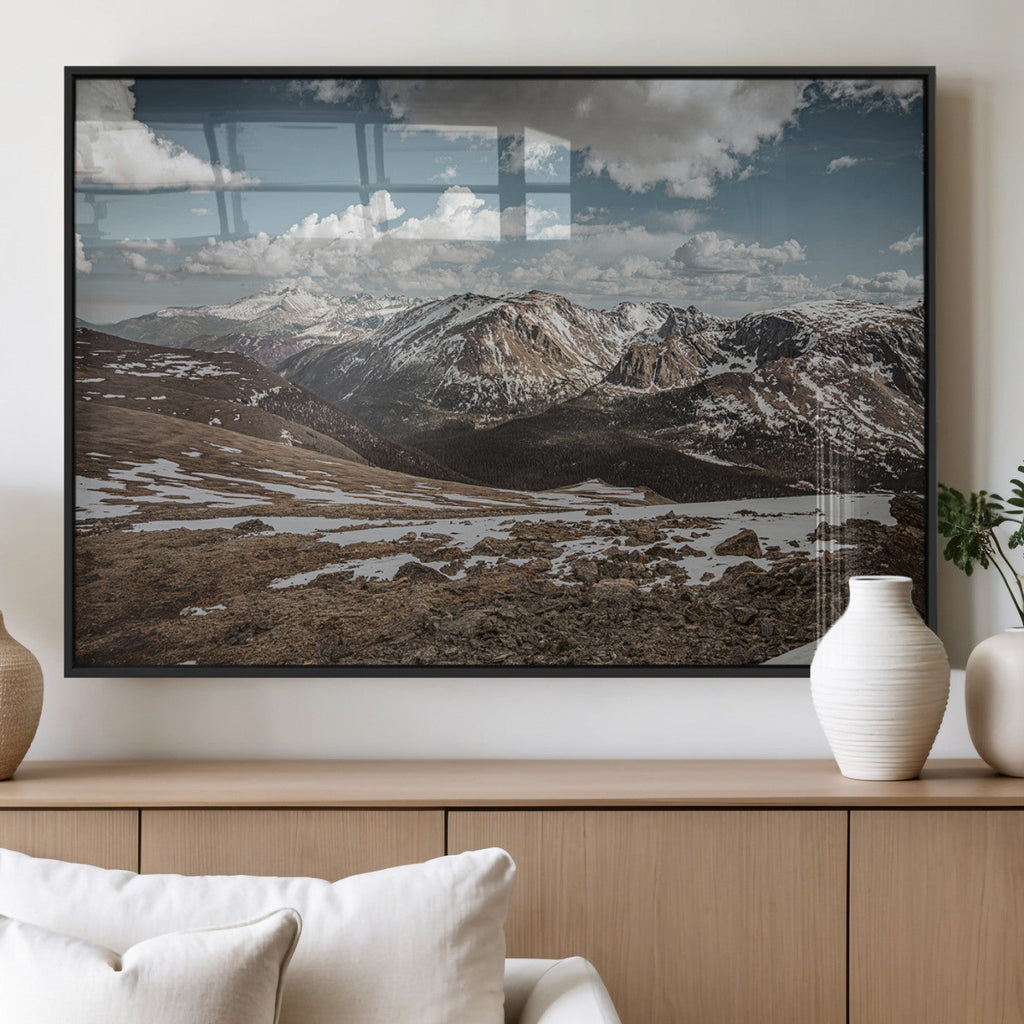 Mountain Landscape Wall Art Canvas Print, Framed Snowy Peaks Art, Rugged Highlands Rustic Adventure Decor