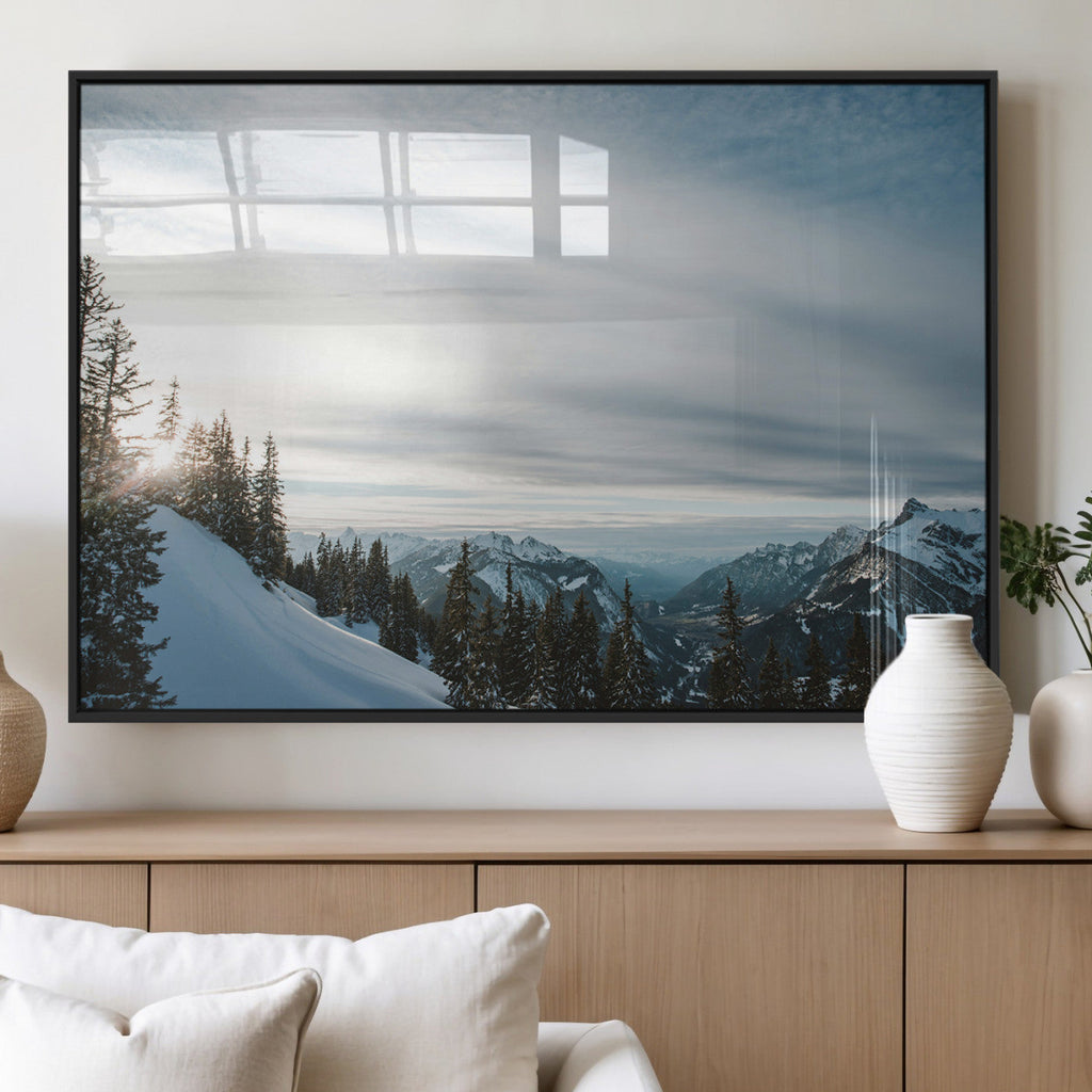Snowy Mountains Wall Art Canvas Print, Framed Alpine Landscape Frosty Peaks Artwork