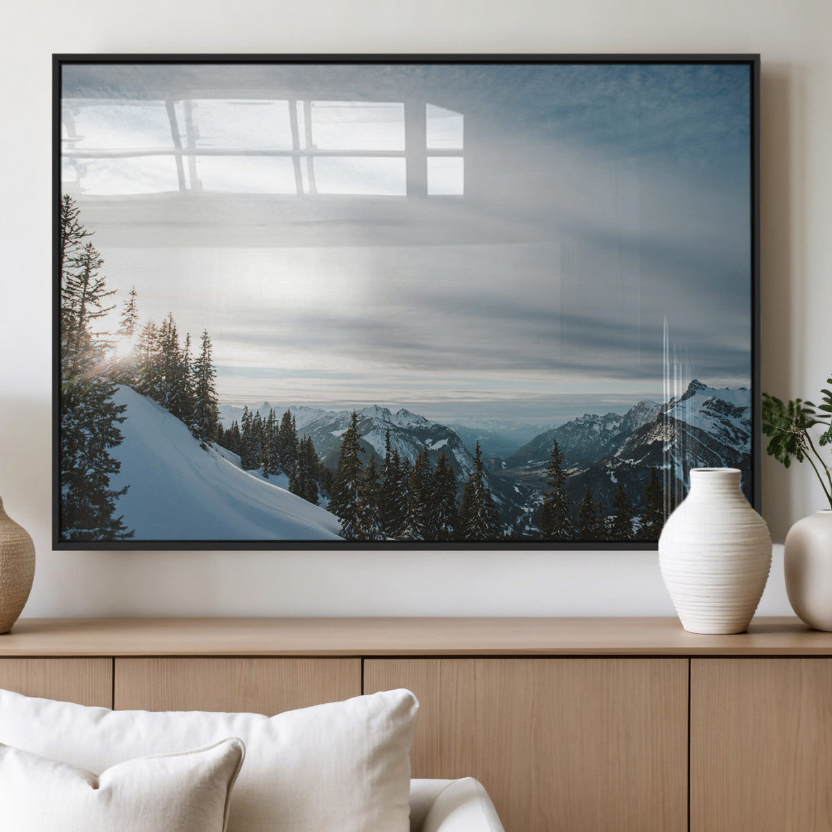 Snowy Mountains Wall Art Canvas Print, Framed Alpine Landscape Frosty Peaks Artwork