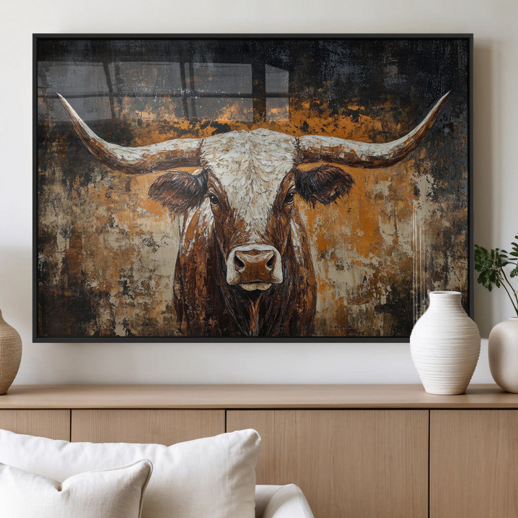 Abstract Longhorn Bull Wall Art Canvas Print, Vintage Western Texas Steer Artwork