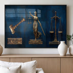 Lady Justice Wall Art Canvas Print, Elegant Gold Legal Symbols on Blue, Law Office Decor