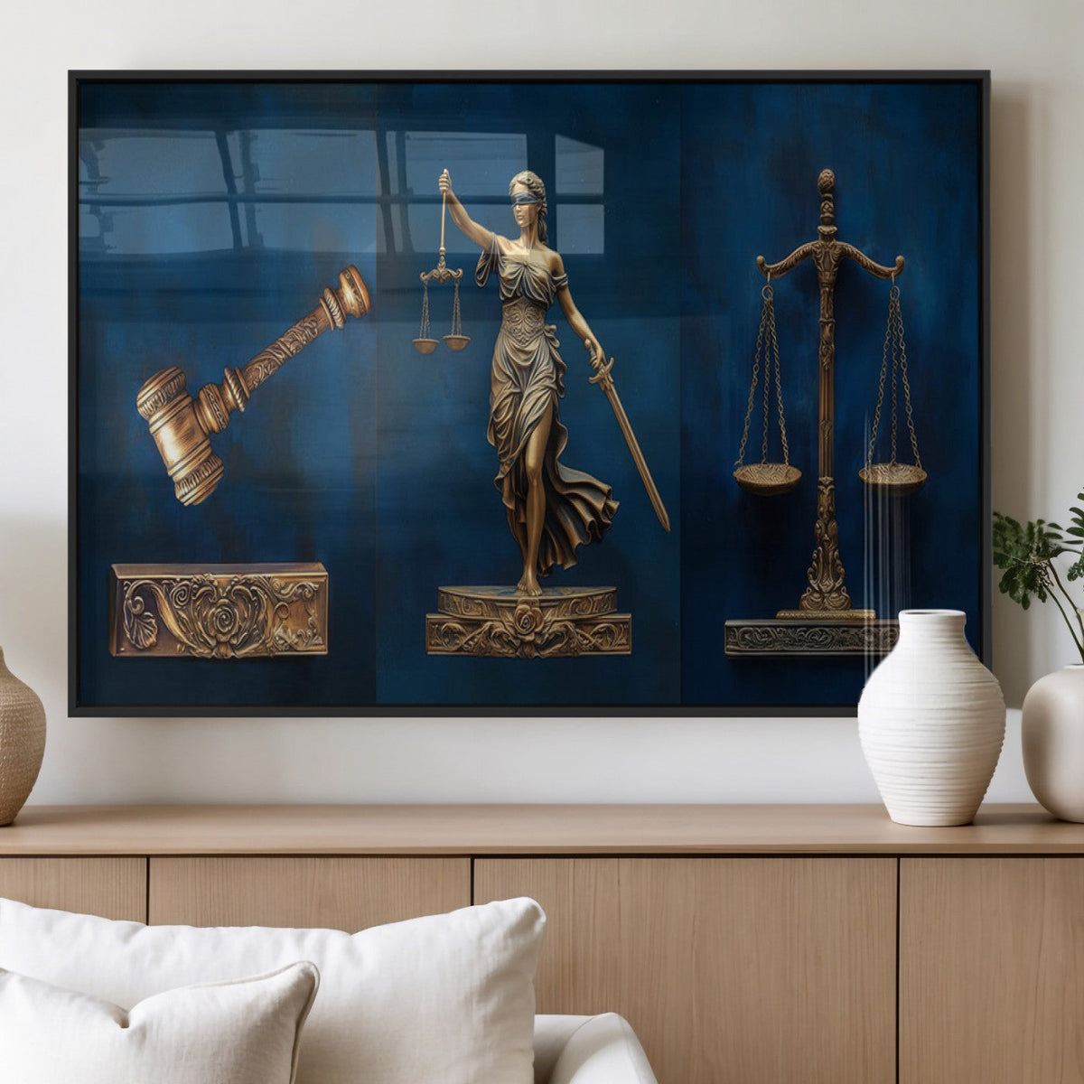Lady Justice Wall Art Canvas Print, Elegant Gold Legal Symbols on Blue, Law Office Decor
