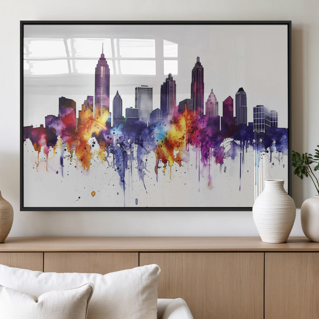 Atlanta Skyline Wall Art Canvas Print, Framed Colorful Watercolor Cityscape
