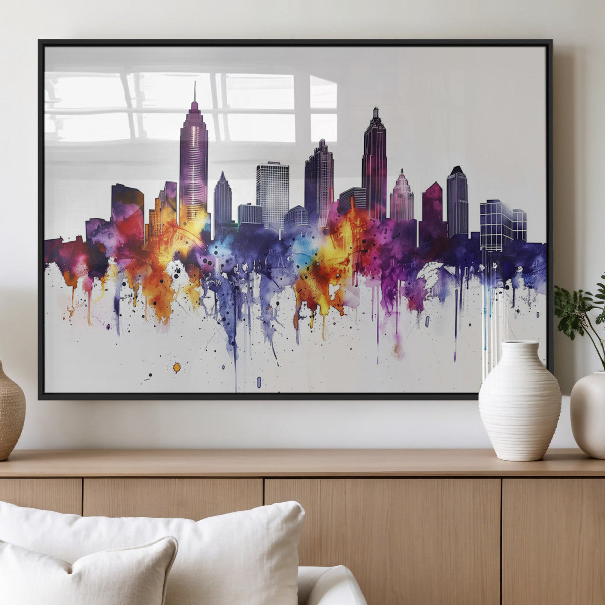 Atlanta Skyline Wall Art Canvas Print, Framed Colorful Watercolor Cityscape