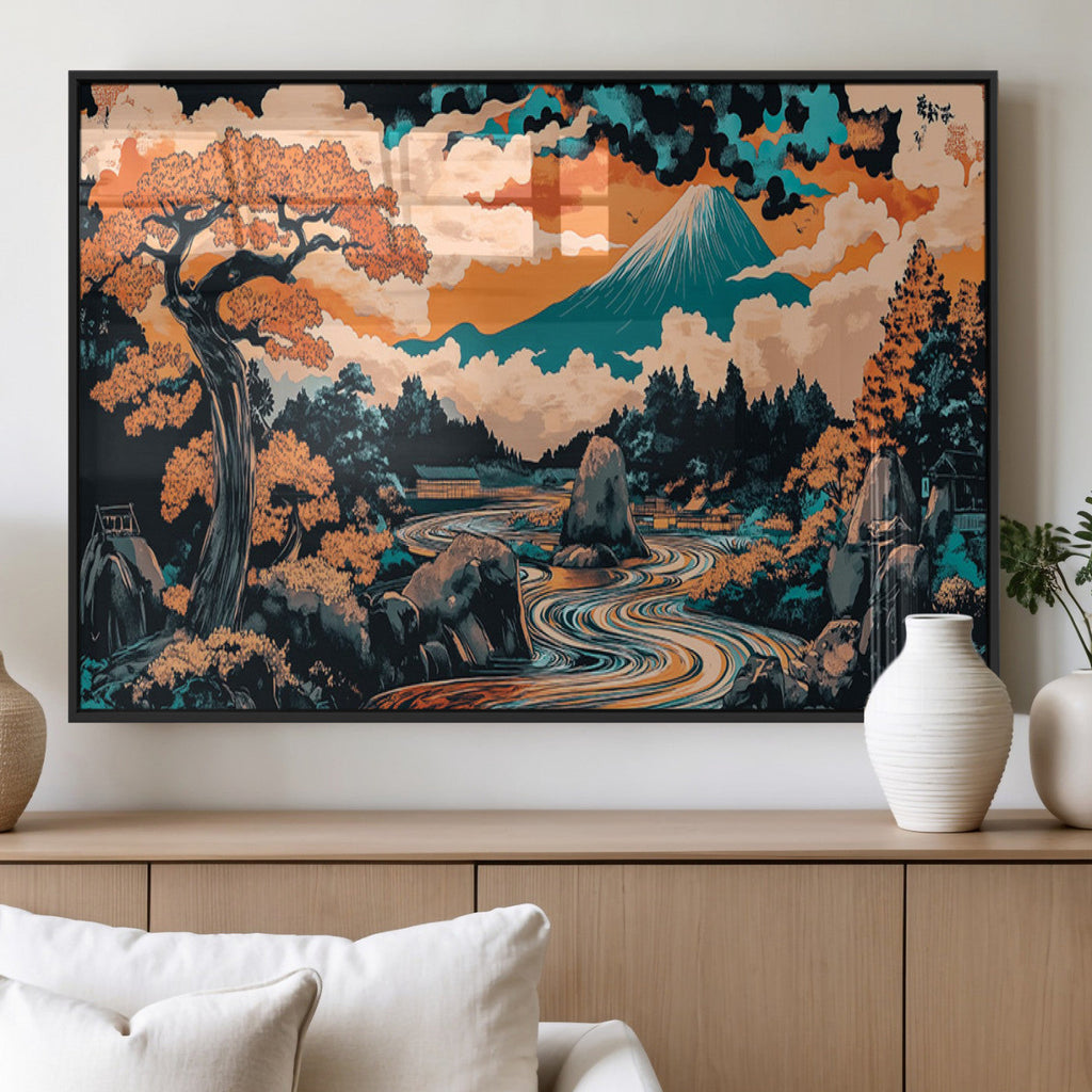 Japanese Landscape Wall Art Canvas Print, Mount Fuji with Flowing River and Autumn Trees