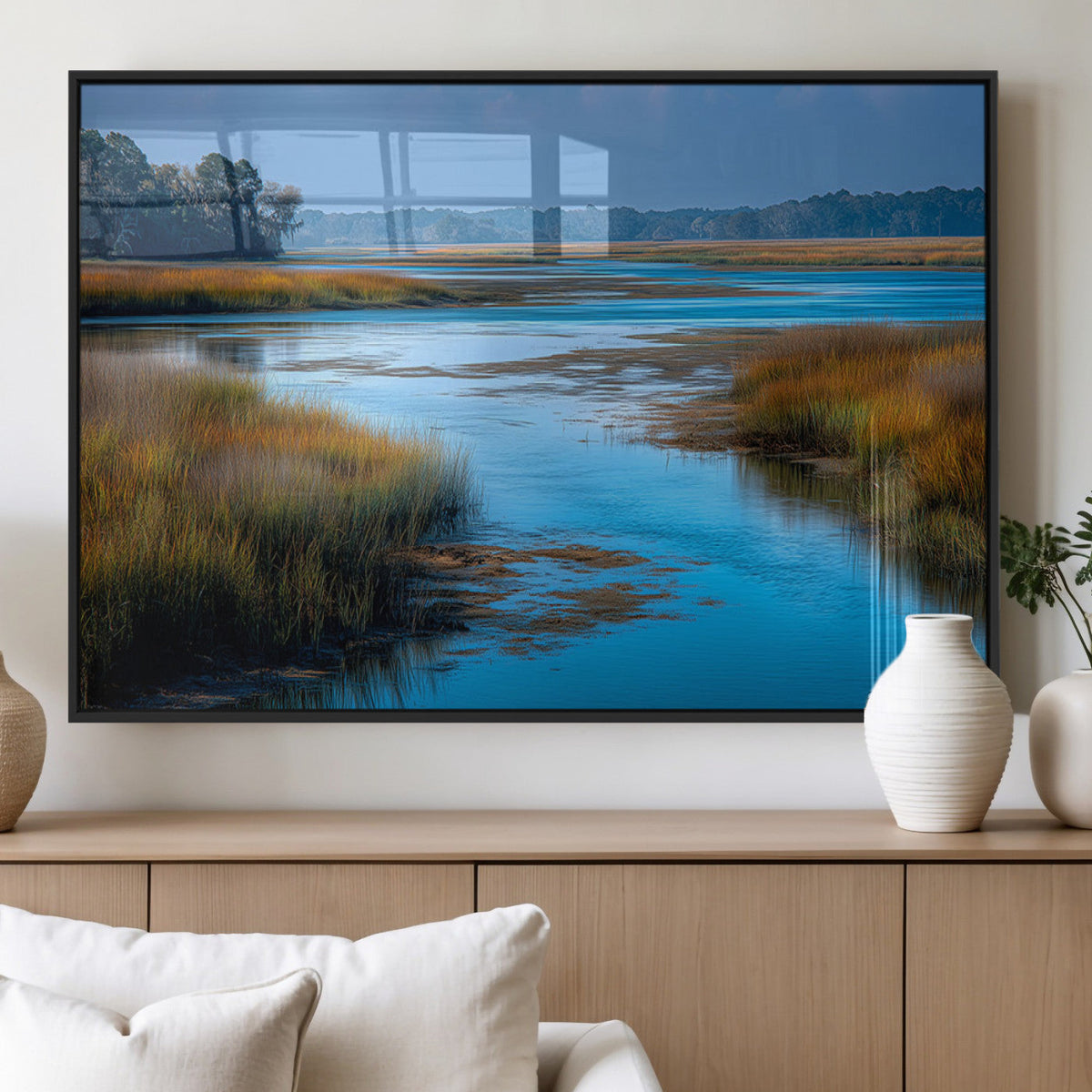 Tranquil Marshland Wall Art Canvas Print, Blue Water Reflecting Sky and Golden Grasses
